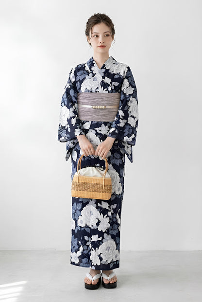 Floral Cotton Yukata Set, Obi Belt, Obijime & Sandals, Custom Fit Available