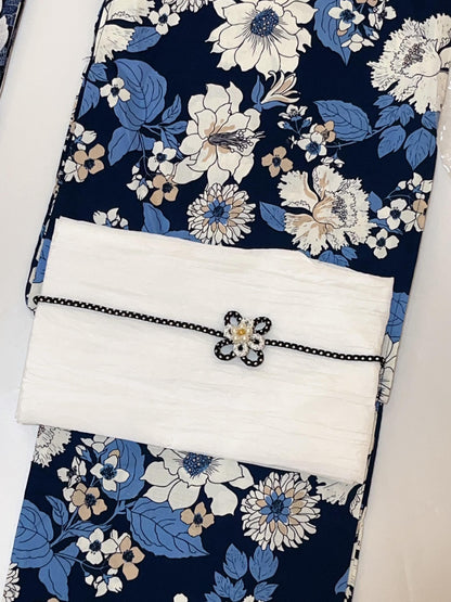 Japanese Floral Yukata Set with Easy Wear Obi Belt & Sandals, Custom Fit Available