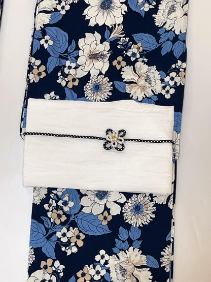 Japanese Floral Yukata Set with Easy Wear Obi Belt & Sandals, Custom Fit Available