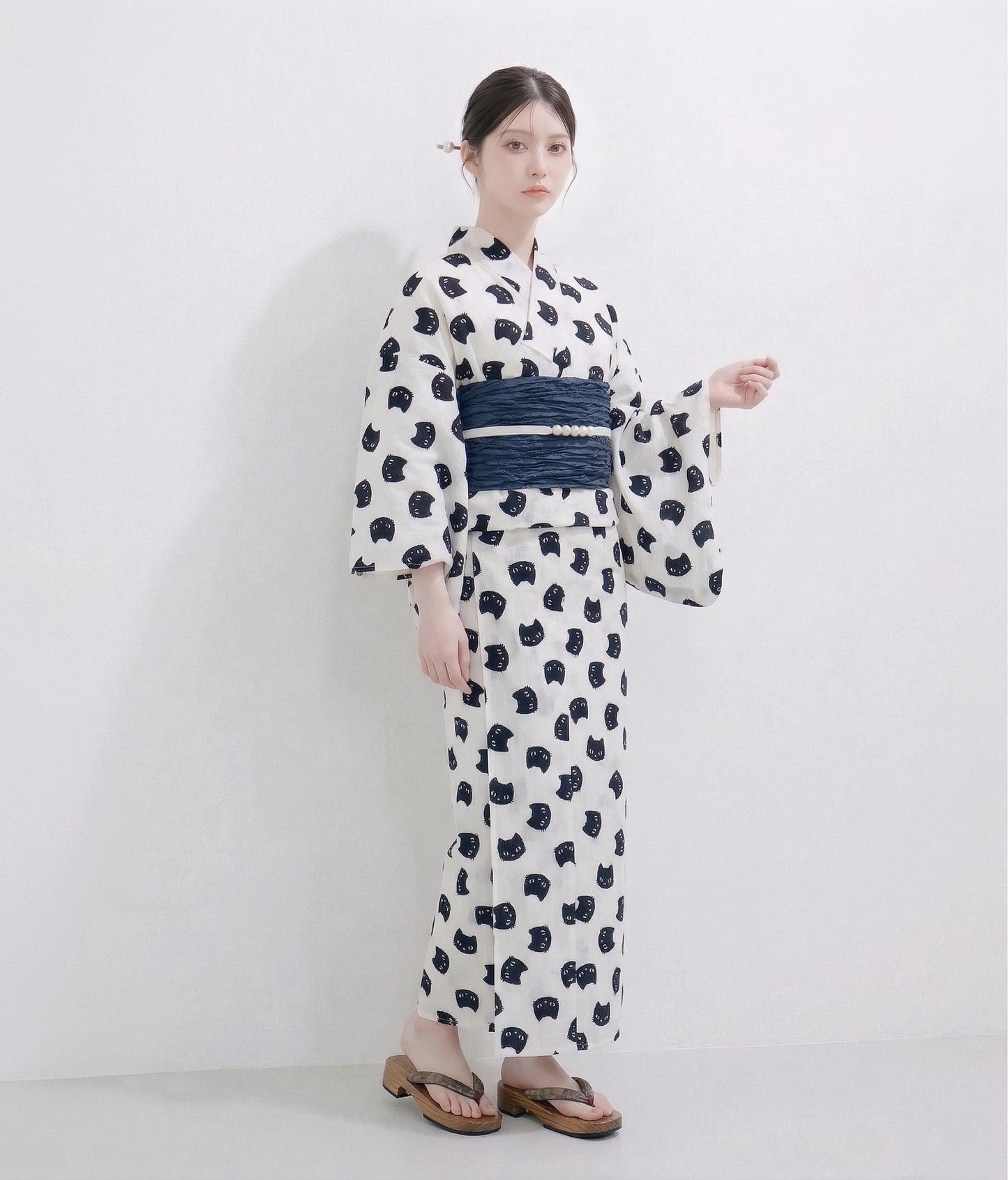 Japanese Yukata Cat Pattern with Easy Wear Obi Belt, Obijime & Sandals, Custom Fit Available