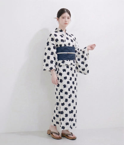 Japanese Yukata Cat Pattern with Easy Wear Obi Belt, Obijime & Sandals, Custom Fit Available