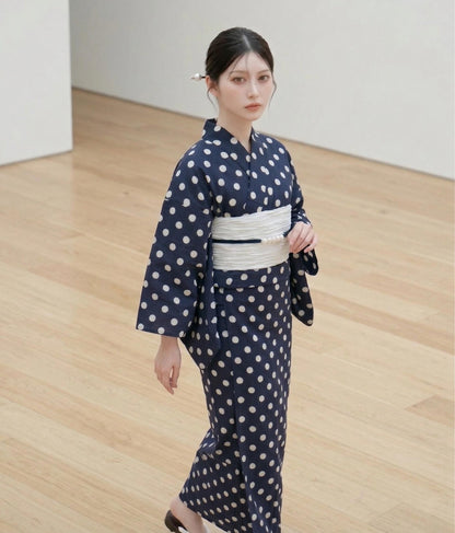 Japanese Podka Dot Yukata Set with Easy Wearing Obi, Obijime & Geta Sandals