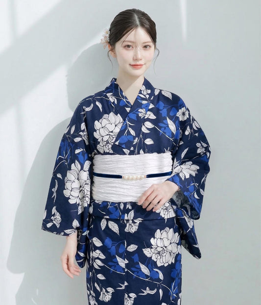 Japanese Cotton Yukata Set - Floral Pre-Tied Heko Obi