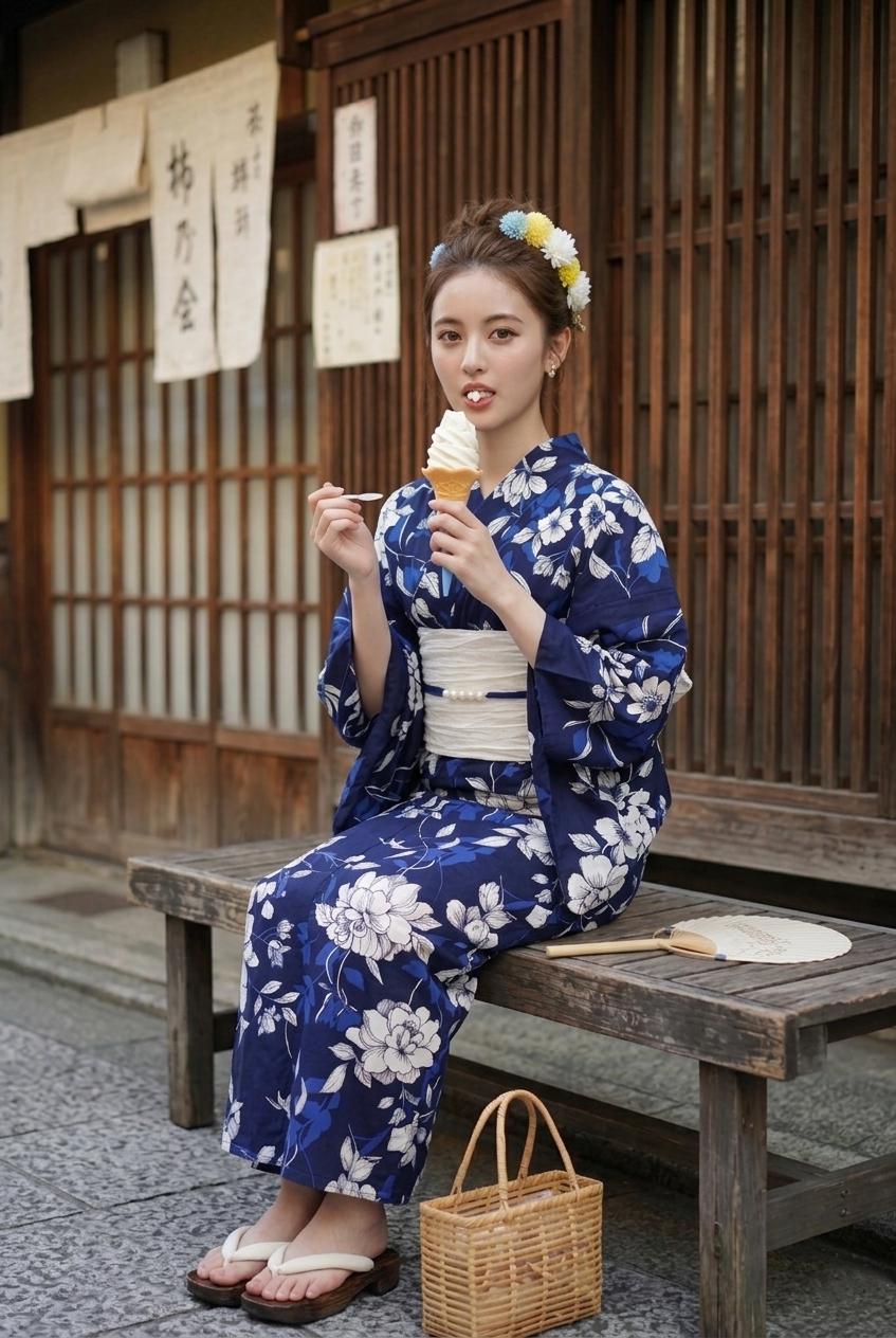Japanese Cotton Yukata Set, Floral Pattern, with Easy Wear Pre-Tied Heko Obi