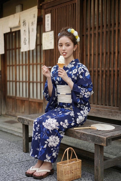 Japanese Cotton Yukata Set, Floral Pattern, with Easy Wear Pre-Tied Heko Obi