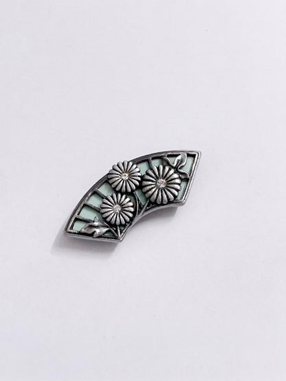 Vintage Japanese Obidome / Silver Folding Fan with Mint Base and Chrysanthemum - Kimono Obi Clip & Aceessory/ No.3412