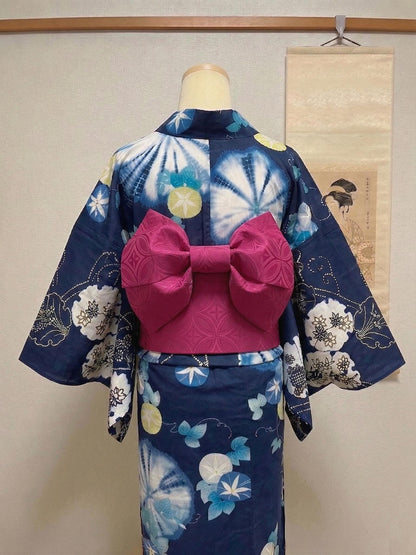 Japanese Pre-Tied Obi Belt Gift Set, Magenta Butterfly Knot Obi with Shibo Pattern, Objime & Obita Board, Easy to Wear