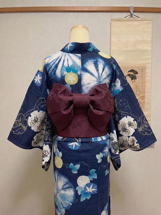Pre-Tied Obi Belt Gift Set, Smoky Rosewood (Complex Plum-Brown) Floral Pattern Butterfly Knot Obi, Objime & Obita Board