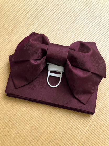 Pre-Tied Obi Belt Gift Set, Smoky Rosewood (Complex Plum-Brown) Floral Pattern Butterfly Knot Obi, Objime & Obita Board