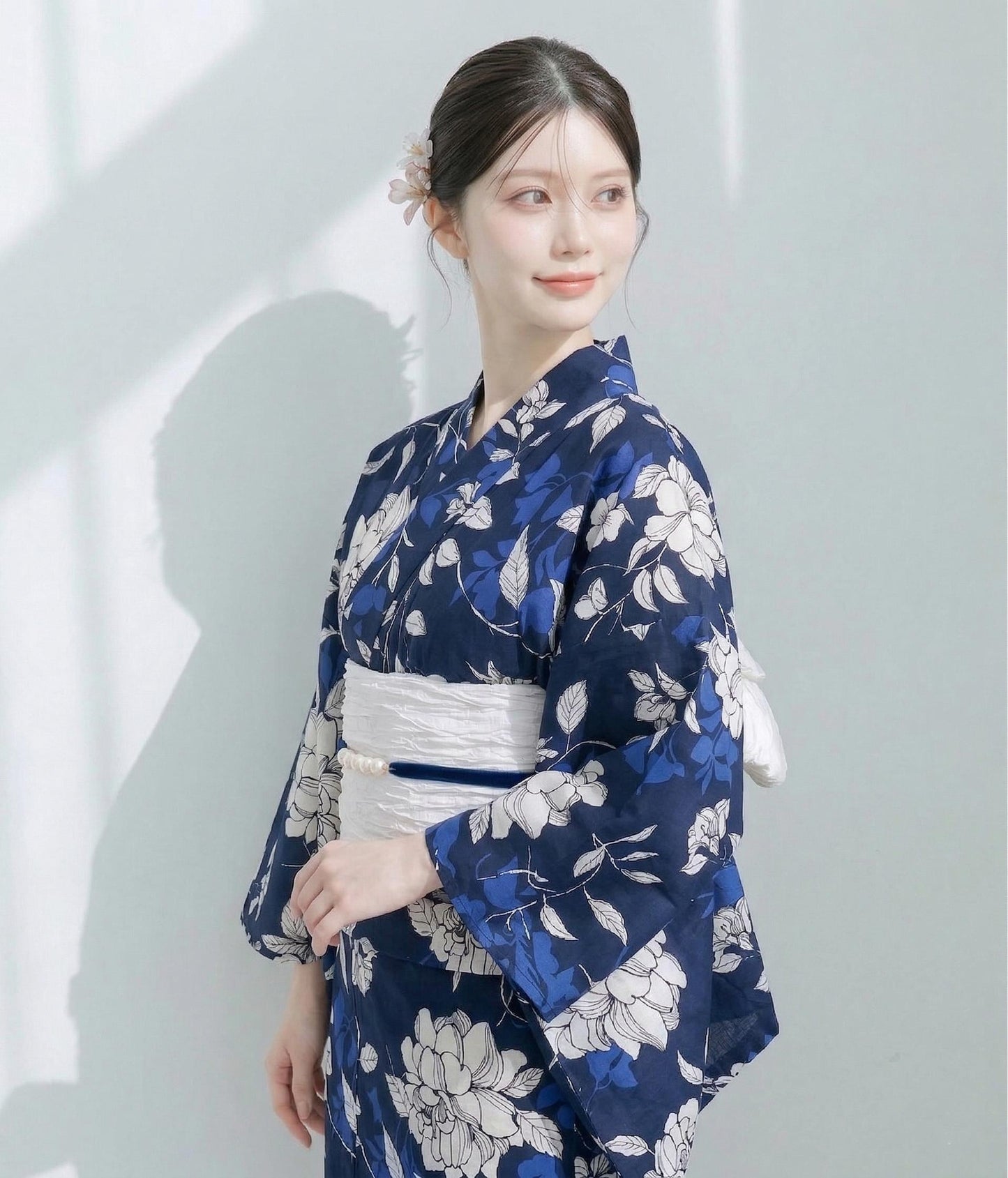 Japanese Cotton Yukata Set, Floral Pattern, with Easy Wear Pre-Tied Heko Obi