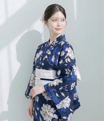 Japanese Cotton Yukata Set, Floral Pattern, with Easy Wear Pre-Tied Heko Obi
