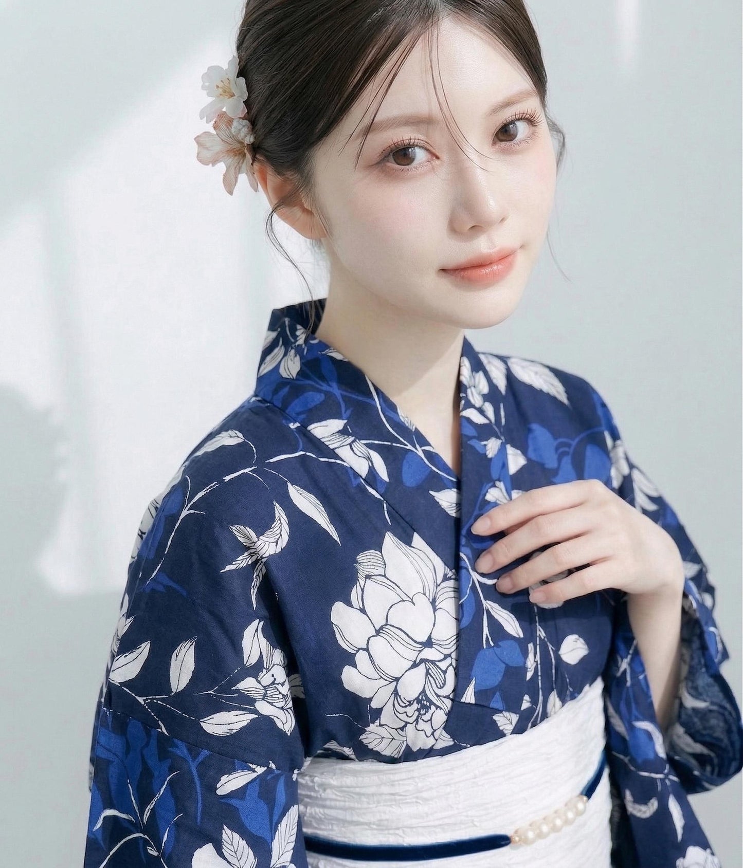 Japanese Cotton Yukata Set, Floral Pattern, with Easy Wear Pre-Tied Heko Obi