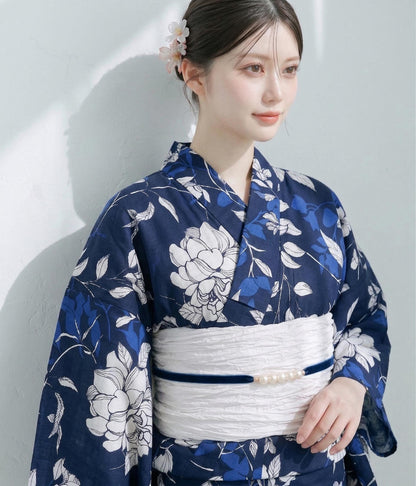 Japanese Cotton Yukata Set, Floral Pattern, with Easy Wear Pre-Tied Heko Obi