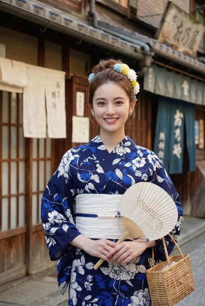 Japanese Cotton Yukata Set, Floral Pattern, with Easy Wear Pre-Tied Heko Obi