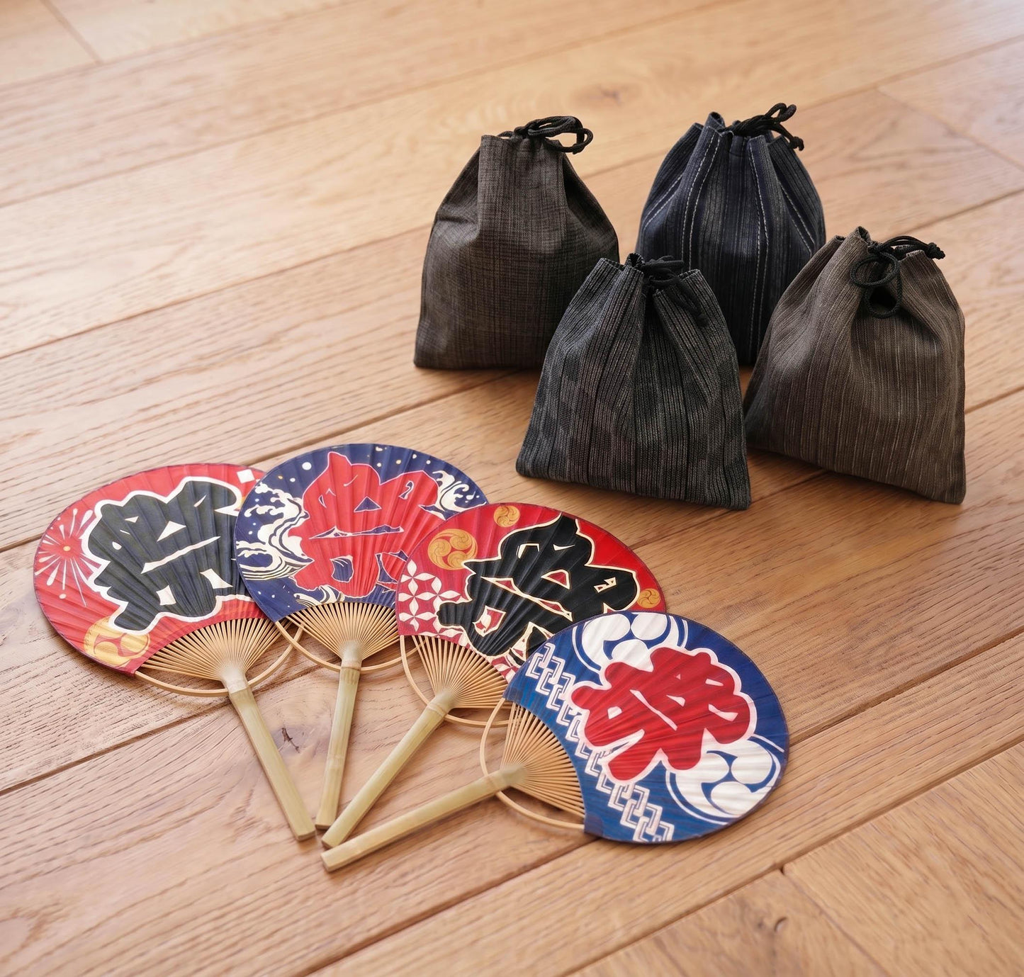 Japanese Men's Flat Geta Wooden Sandals, Large Size Available, Uchiwa Fan, Kinchaku Bag, Men's Yukata Accessory Gift Set