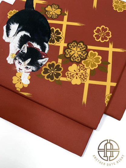 Orange Pre-Tied Taiko Knot, Ohara Koson Cat Easy Wear Nagoya Obi, Two-Side Sash