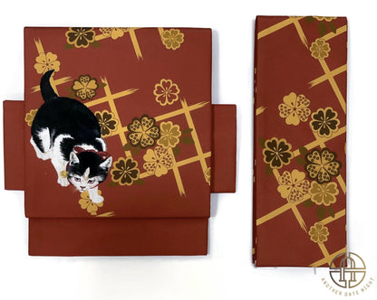 Orange Pre-Tied Taiko Knot, Ohara Koson Cat Easy Wear Nagoya Obi, Two-Side Sash