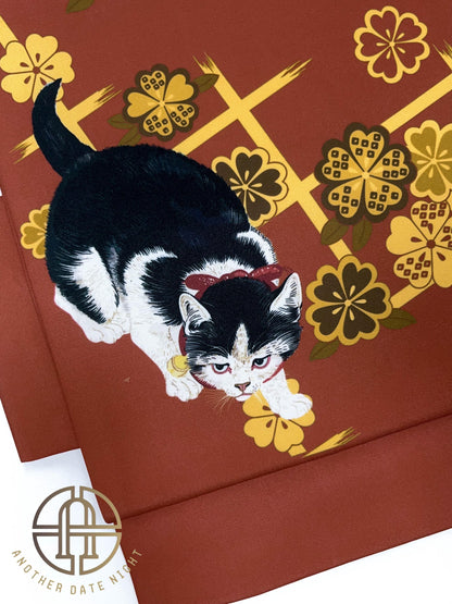 Orange Pre-Tied Taiko Knot, Ohara Koson Cat Easy Wear Nagoya Obi, Two-Side Sash