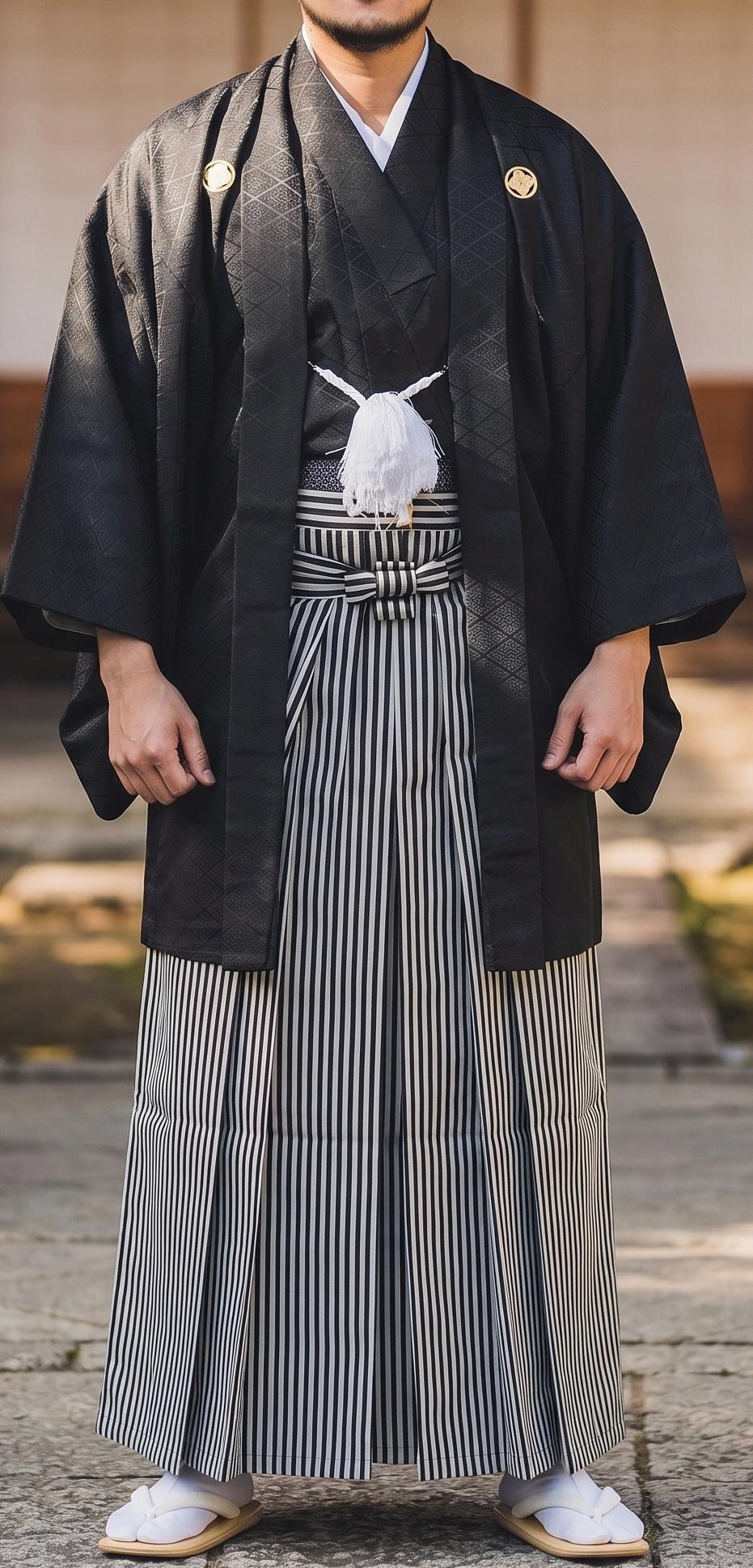 Japanese Men's Black Stripe Hakama, Koshi Himo, Tabi Socks: Kimono Pants Gift Set, Ceremonial Wear