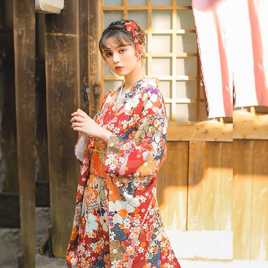 Red Furisode Kimono, Easy Wear Kimono, KM008
