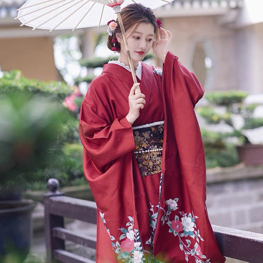 Red Japanese Furisode Kimono, Easy Wear Kimono, KM003