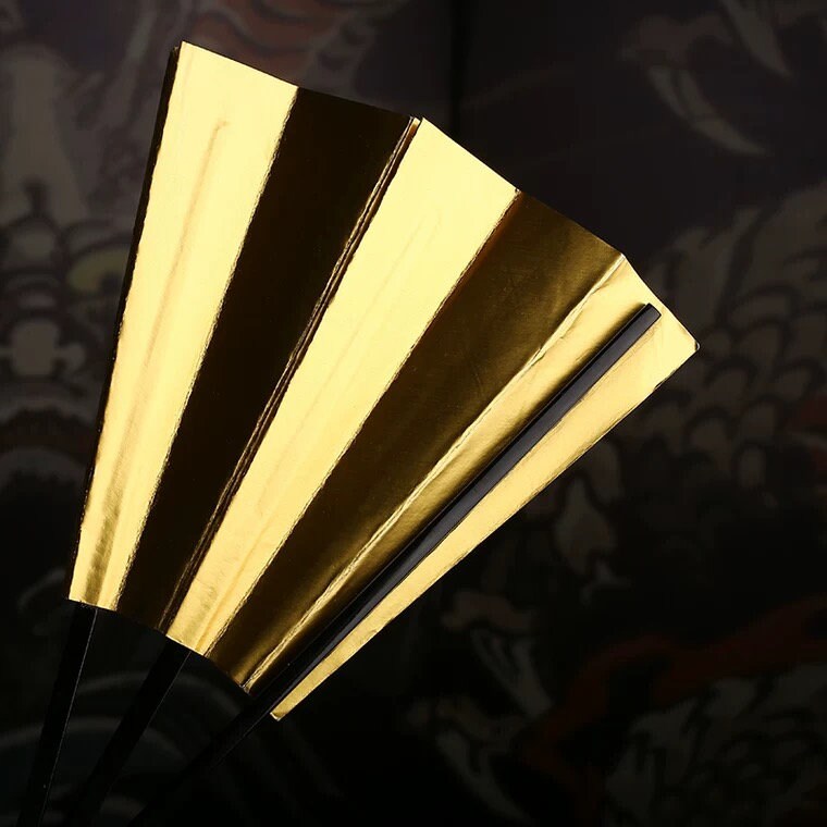 Gold Japanese Folding Hand Fan with Folding Stand