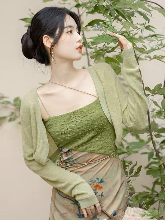 Autumn Chinese elegant one piece dress with light coat