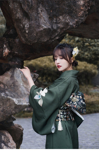 Dark Green Japanese kimono, Easy-Wear, KM001