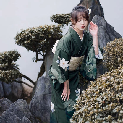 Dark Green Japanese kimono, Easy-Wear, KM001
